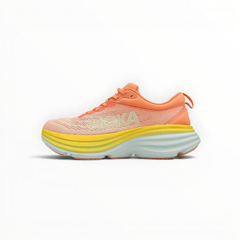 Hoka Bondi 8 men's running shoe in Shell Coral/Peach Parfait, side profile