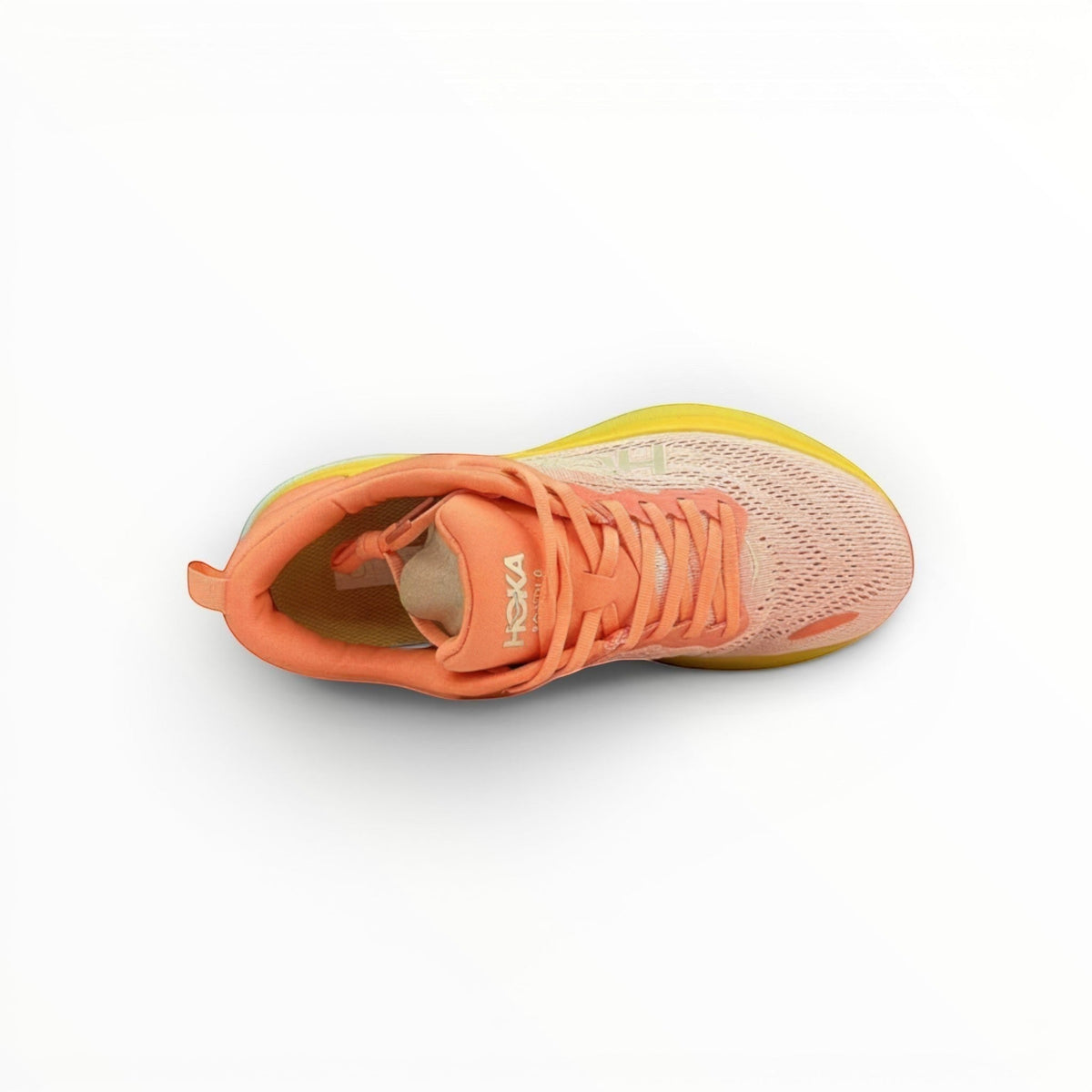 Hoka Bondi 8 women's running shoe in Shell Coral/Peach Parfait, top view