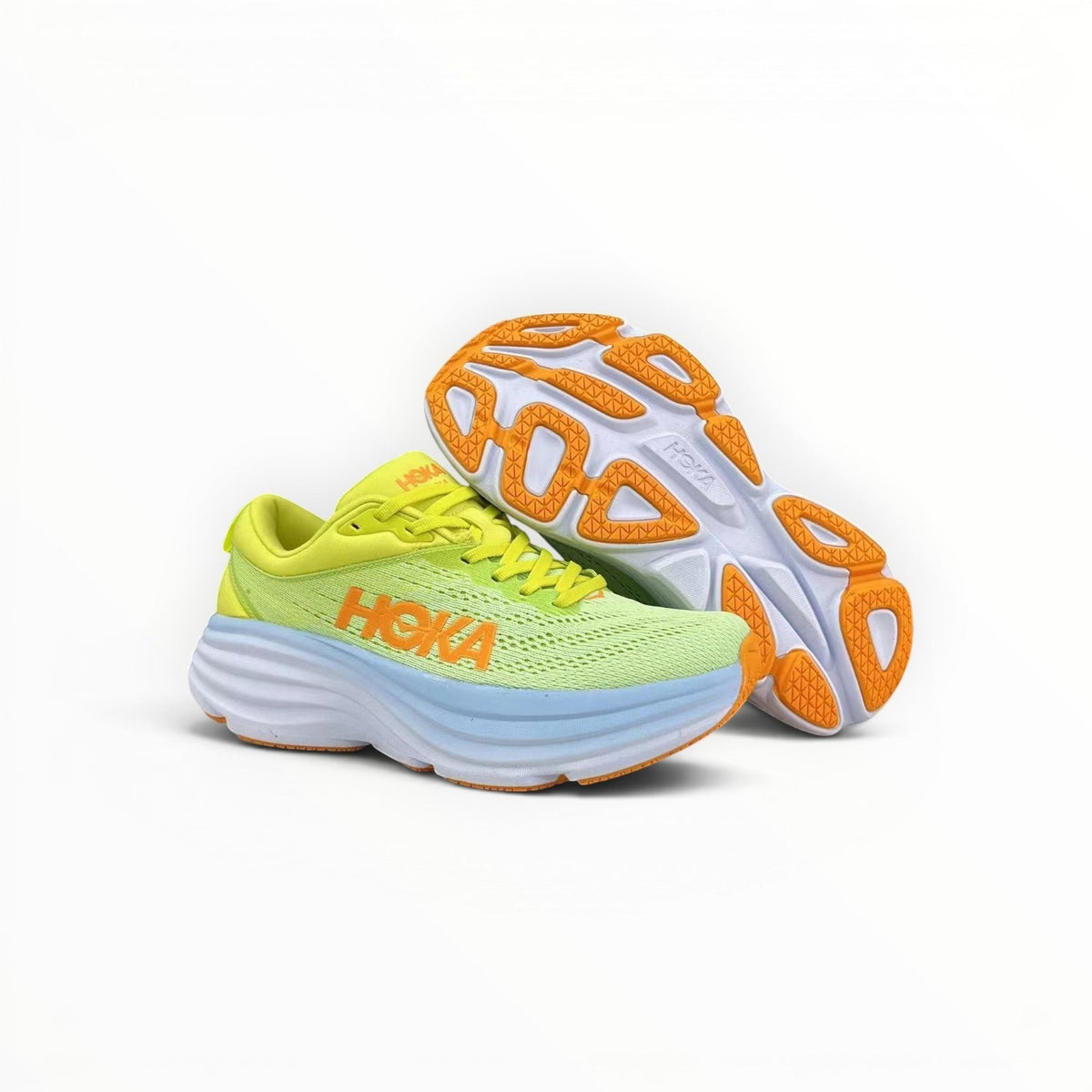 Hoka Bondi 8 men's running shoe in Butterfly/Evening Primrose, three-quarter view