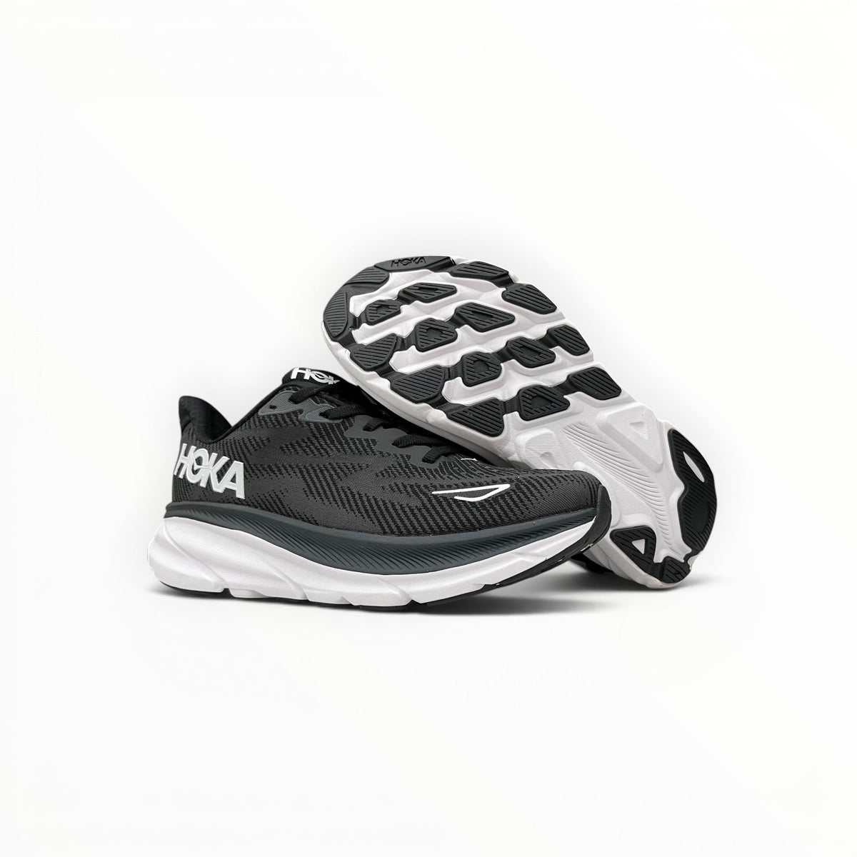 Hoka Clifton 9 men's running shoes in Black/White – product view 5