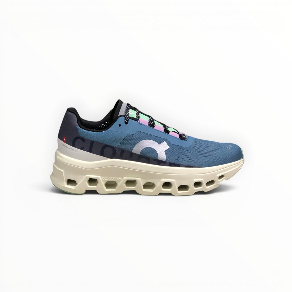 On Cloudmonster women's shoe in Glacier/Meadow - product view 1