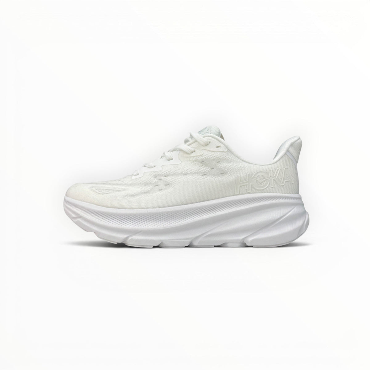 HOKA Clifton 9 men's running shoes in White/White – side profile