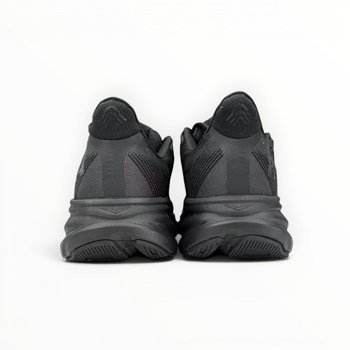 HOKA Clifton 9 men's running shoes in Black/Black – rear view
