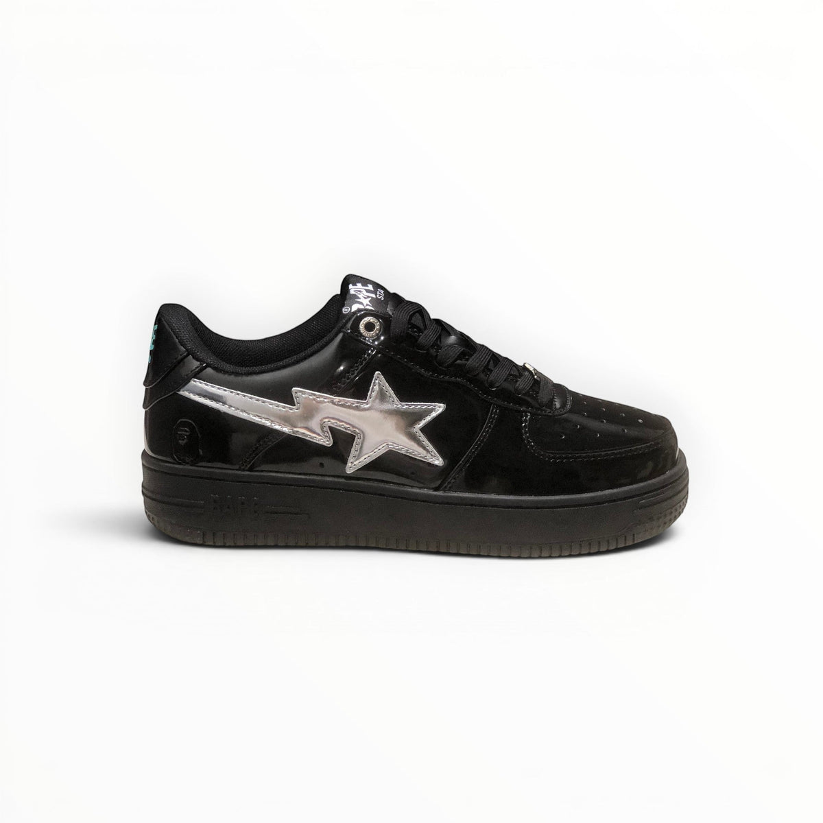 A Bathing Ape BAPE STA women's low-top sneakers in Black Patent/Silver, side view