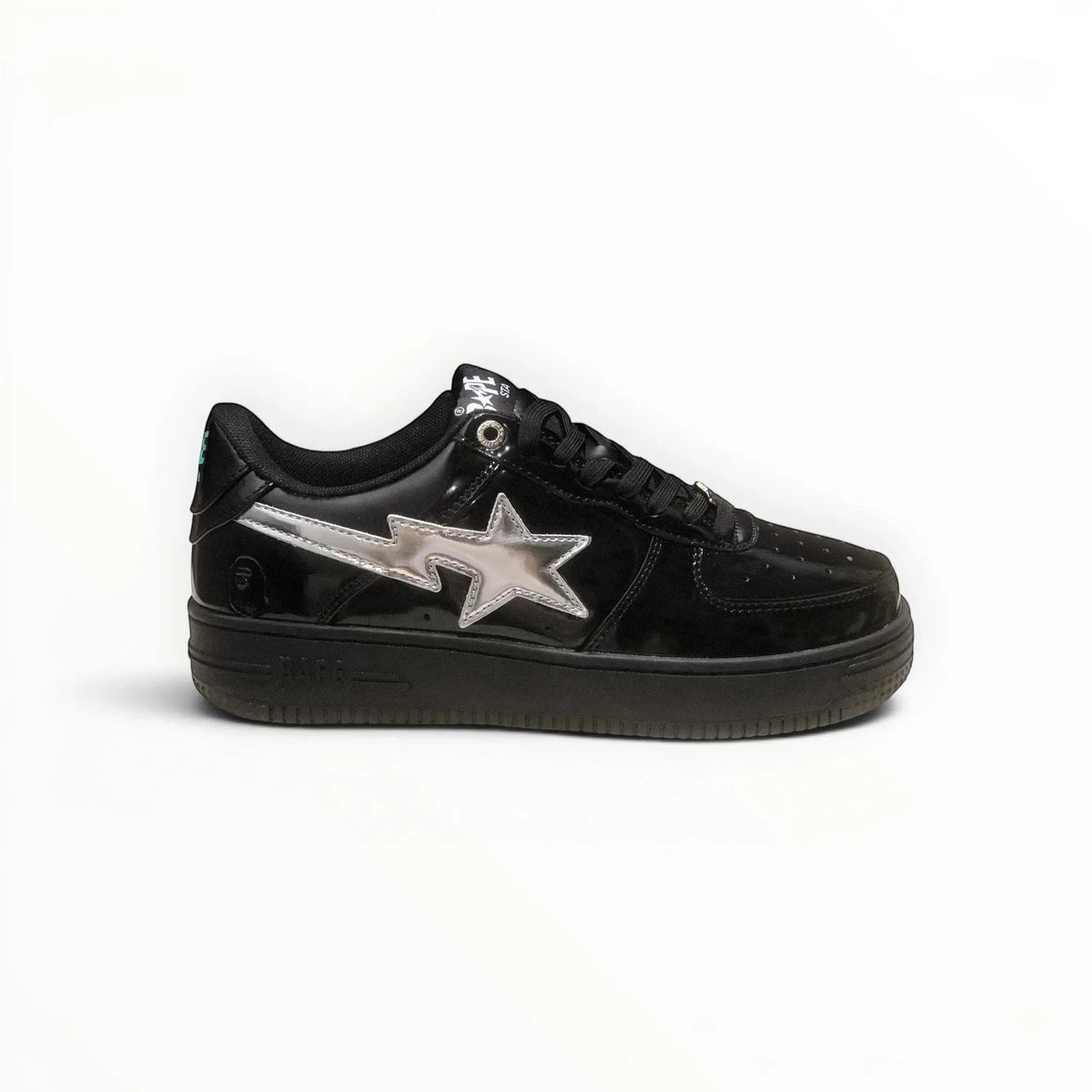 A Bathing Ape BAPE STA men's low-top sneakers in Black Patent/Silver, side view