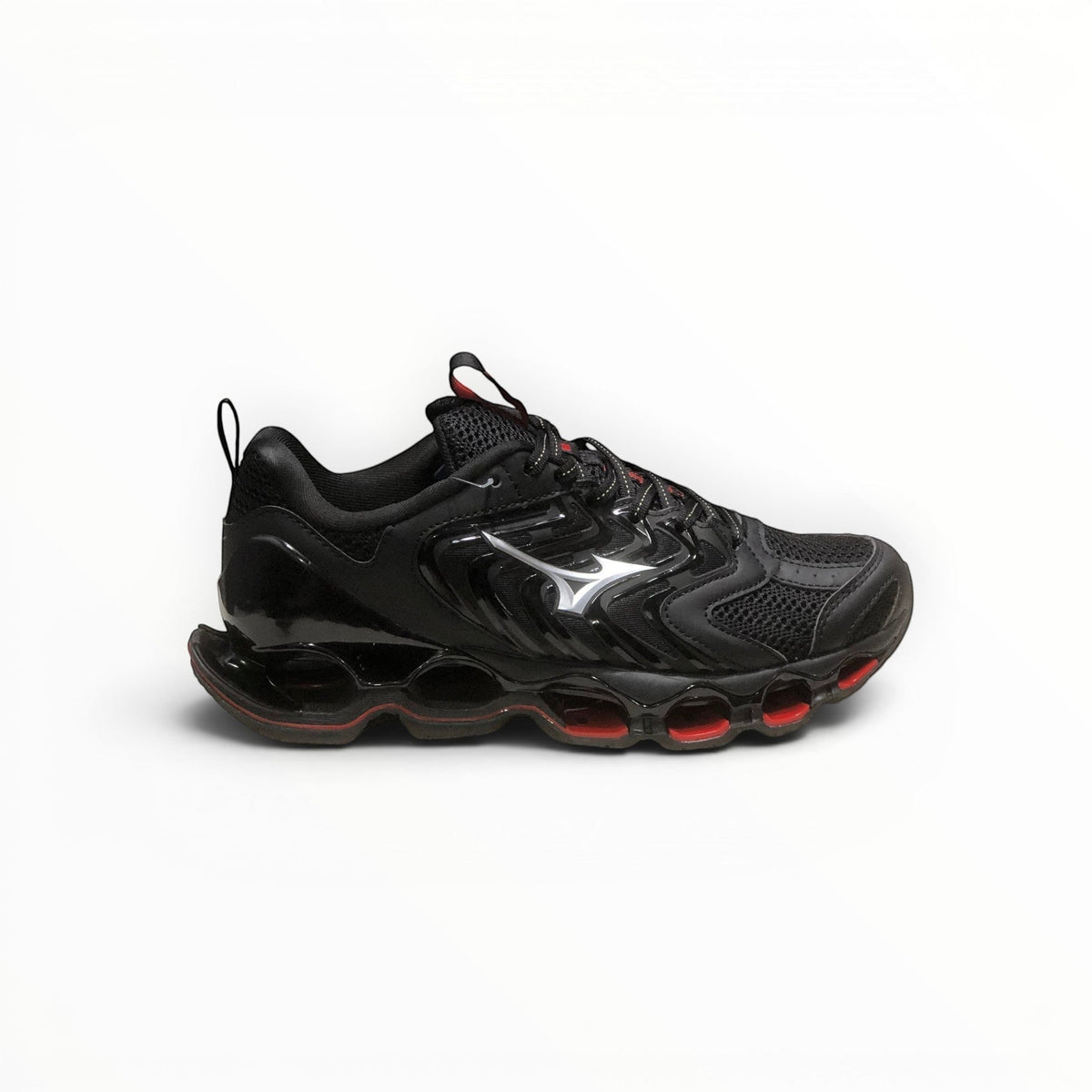 WSS Sports Shoes Mizuno Wave Prophecy 14S womens running shoe in triple black with signature Infinity Wave plate sole.