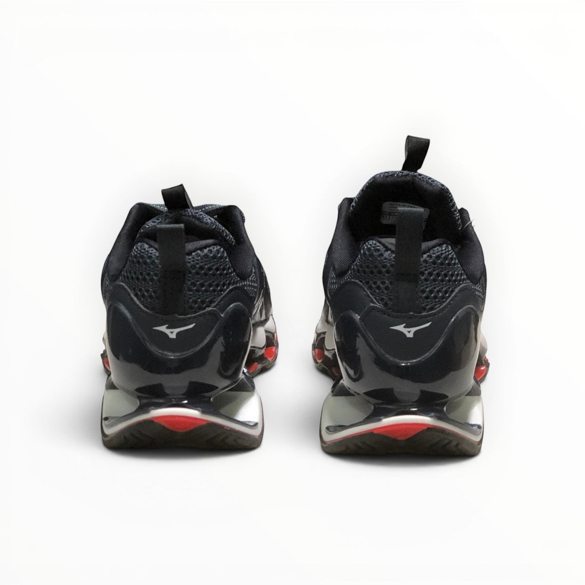 WSS Sports Shoes Mizuno Wave Prophecy 14S running shoes in black and blue, showing the rear view of the heel structure.