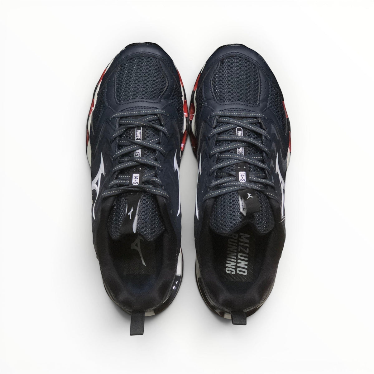 WSS Sports Shoes Mizuno Wave Prophecy 14S men's running shoes in black and blue with breathable mesh and lace-up design.