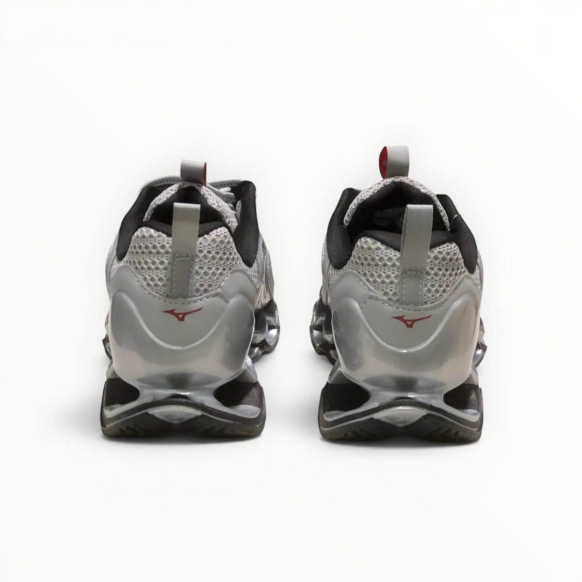 WSS Sports Shoes Mizuno Wave Prophecy 14S men's running shoes in white and red, showing the rear heel and Infinity Wave