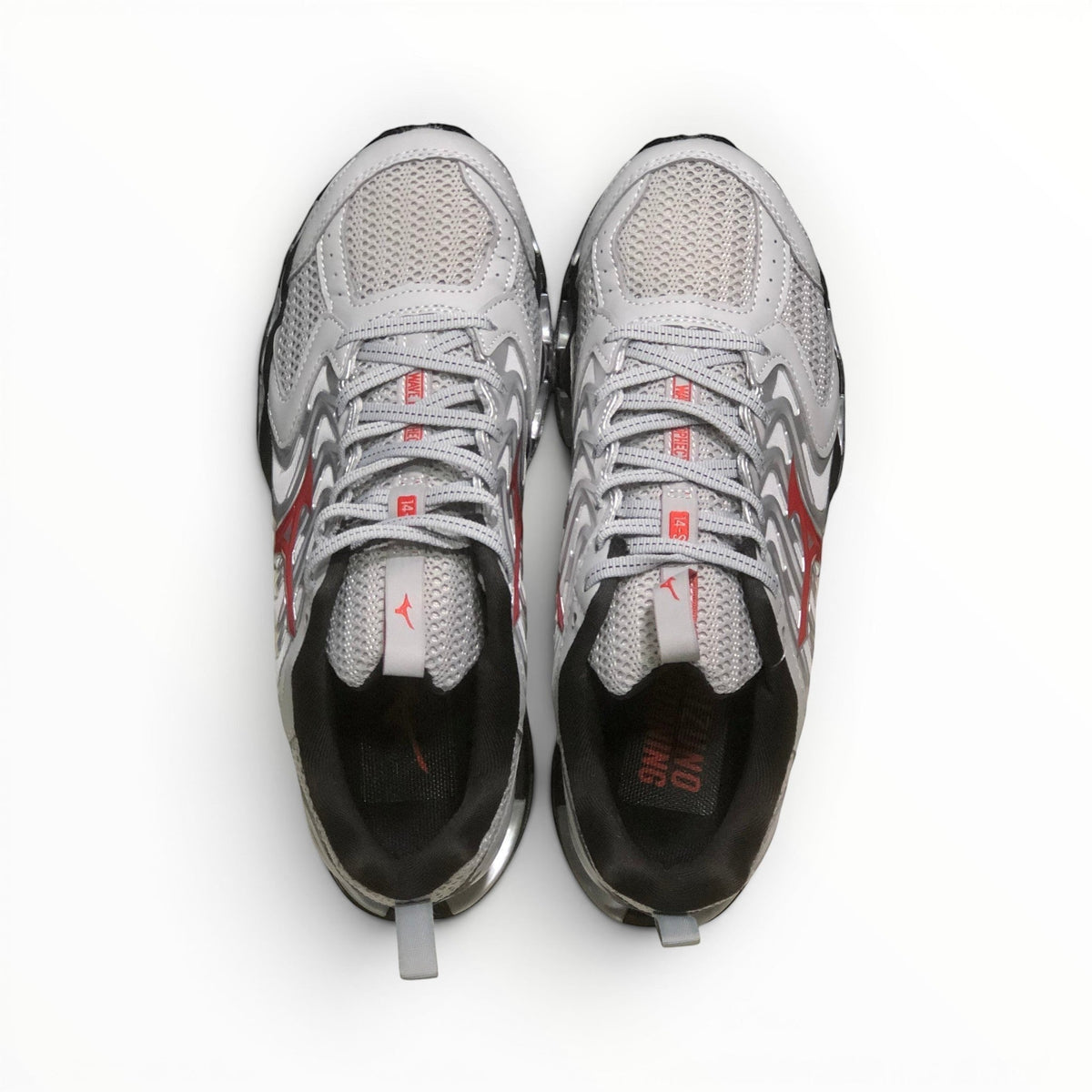 WSS Sports Shoes Mizuno Wave Prophecy 14S men's running shoes in white and red with breathable mesh and Infinity Wave plate.