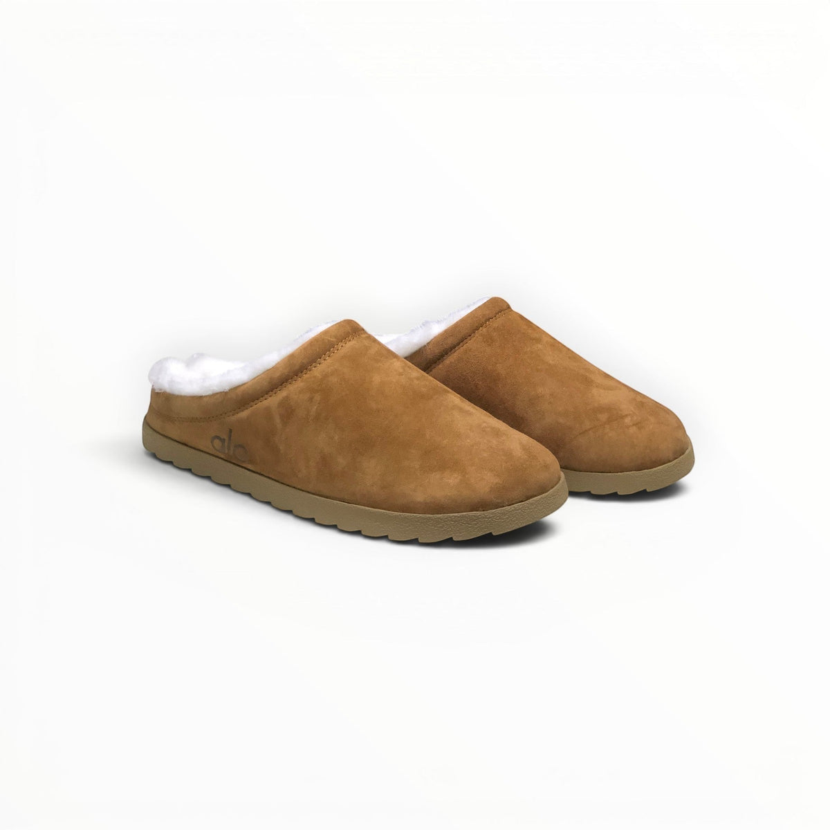 Alo Recovery Slipper women's suede mule in Saddle/Ivory, three-quarter view