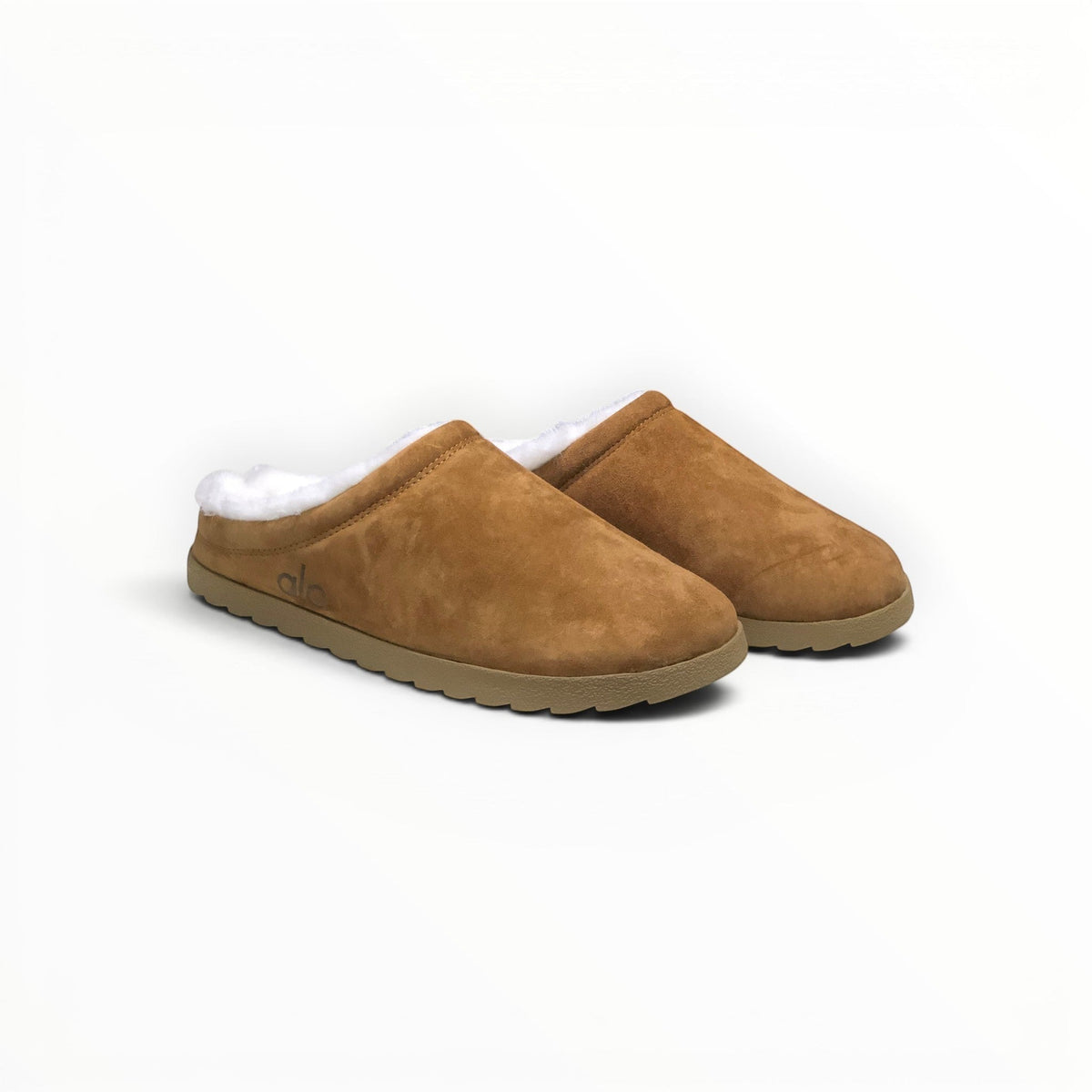 Alo Recovery Slipper men's suede mule in Saddle/Ivory, three-quarter view