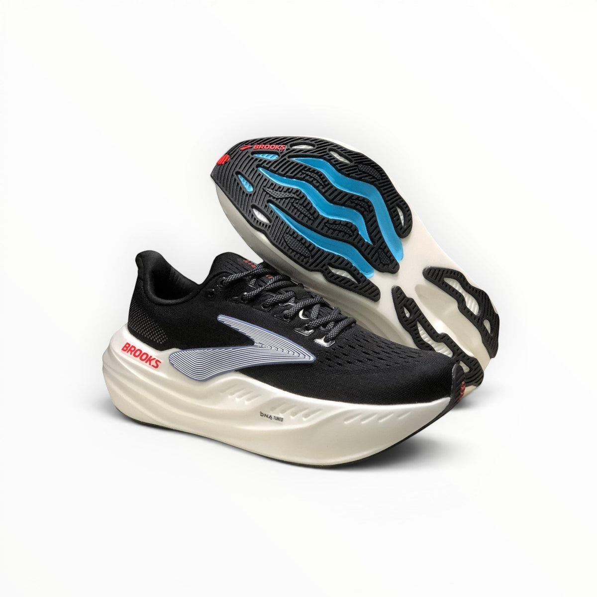 Brooks Glycerin Max women's running shoe in Black/Ebony/Winter Sky, pair with outsole view