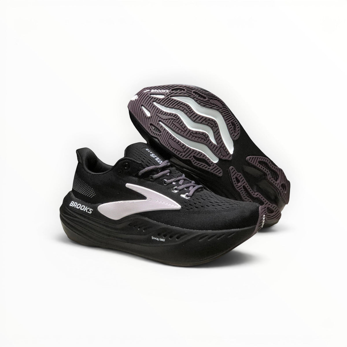 Brooks Glycerin Max women's running shoe in Black/Orchid Ice/Grey, pair with outsole view