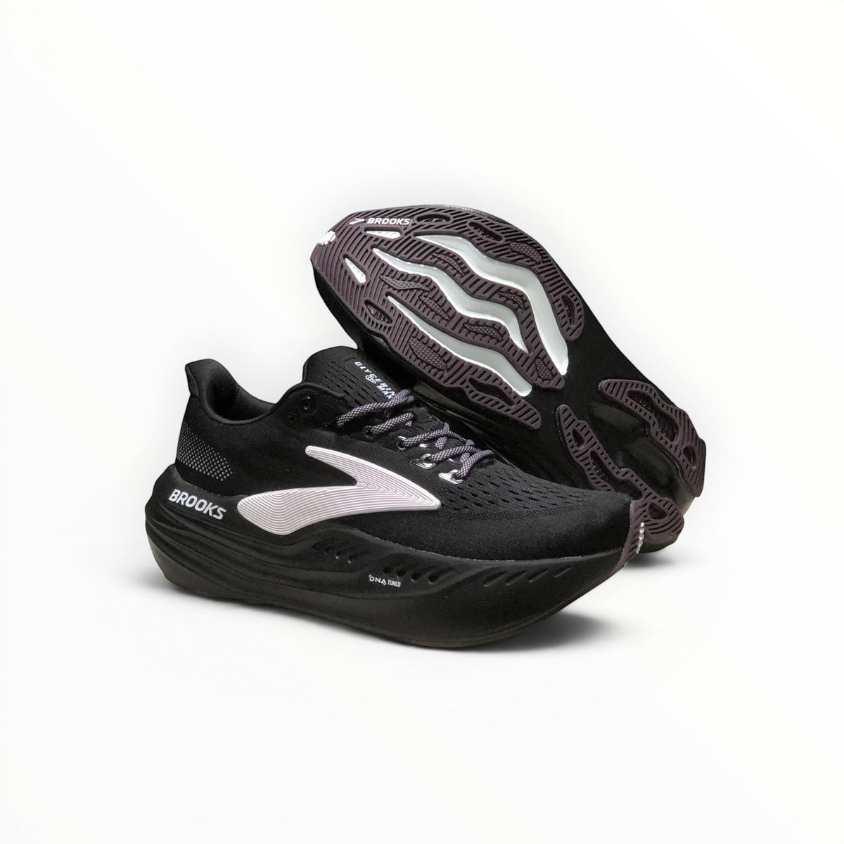 Brooks Glycerin Max men's running shoe in Black/Orchid Ice/Grey, pair with outsole view