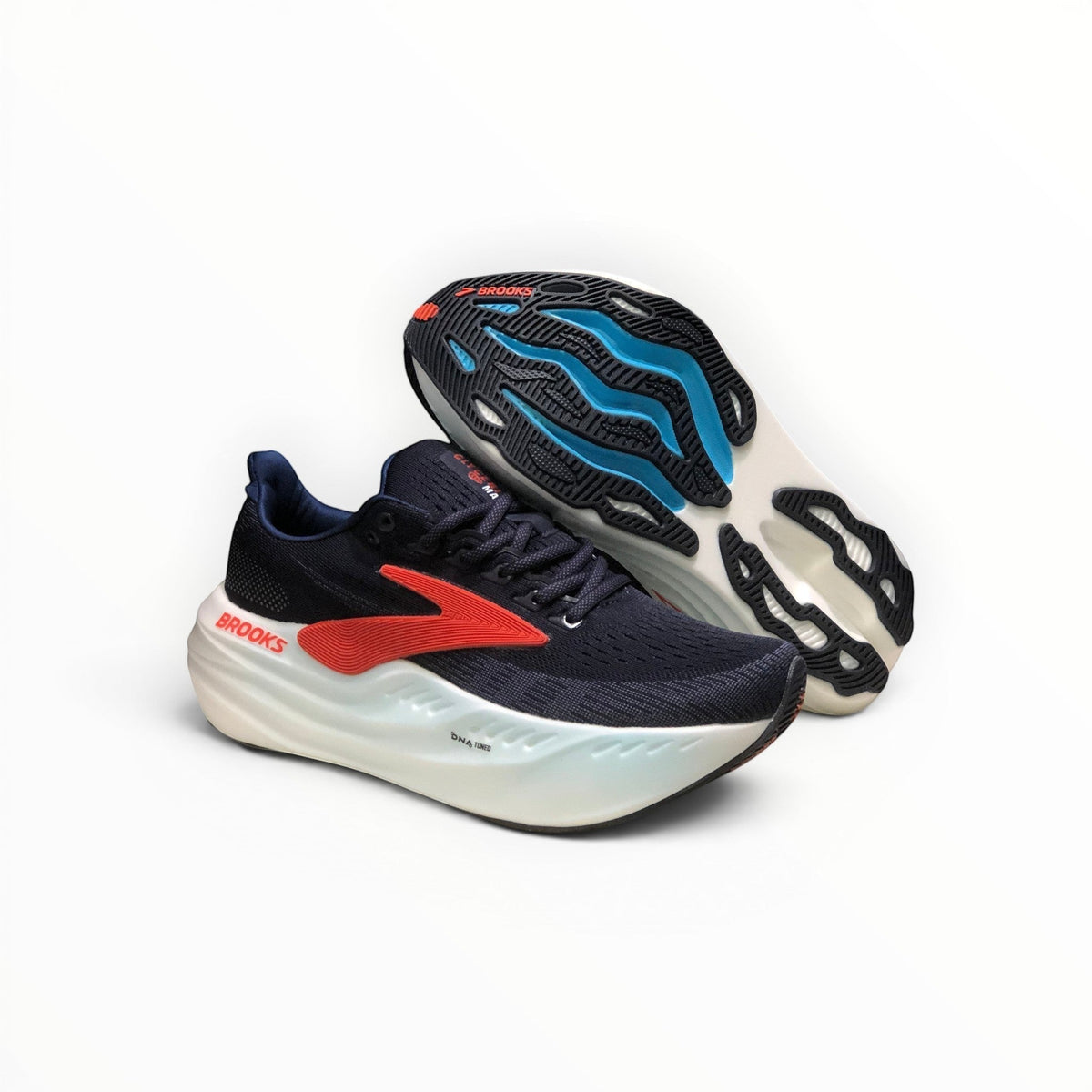 Brooks Glycerin Max men's running shoe in Peacoat/Blue Ribbon/Hot Coral, pair with outsole view