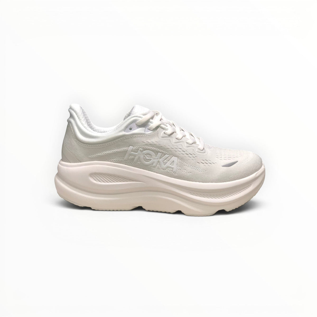 Hoka Bondi 9 women's running shoe in White/White, three-quarter view