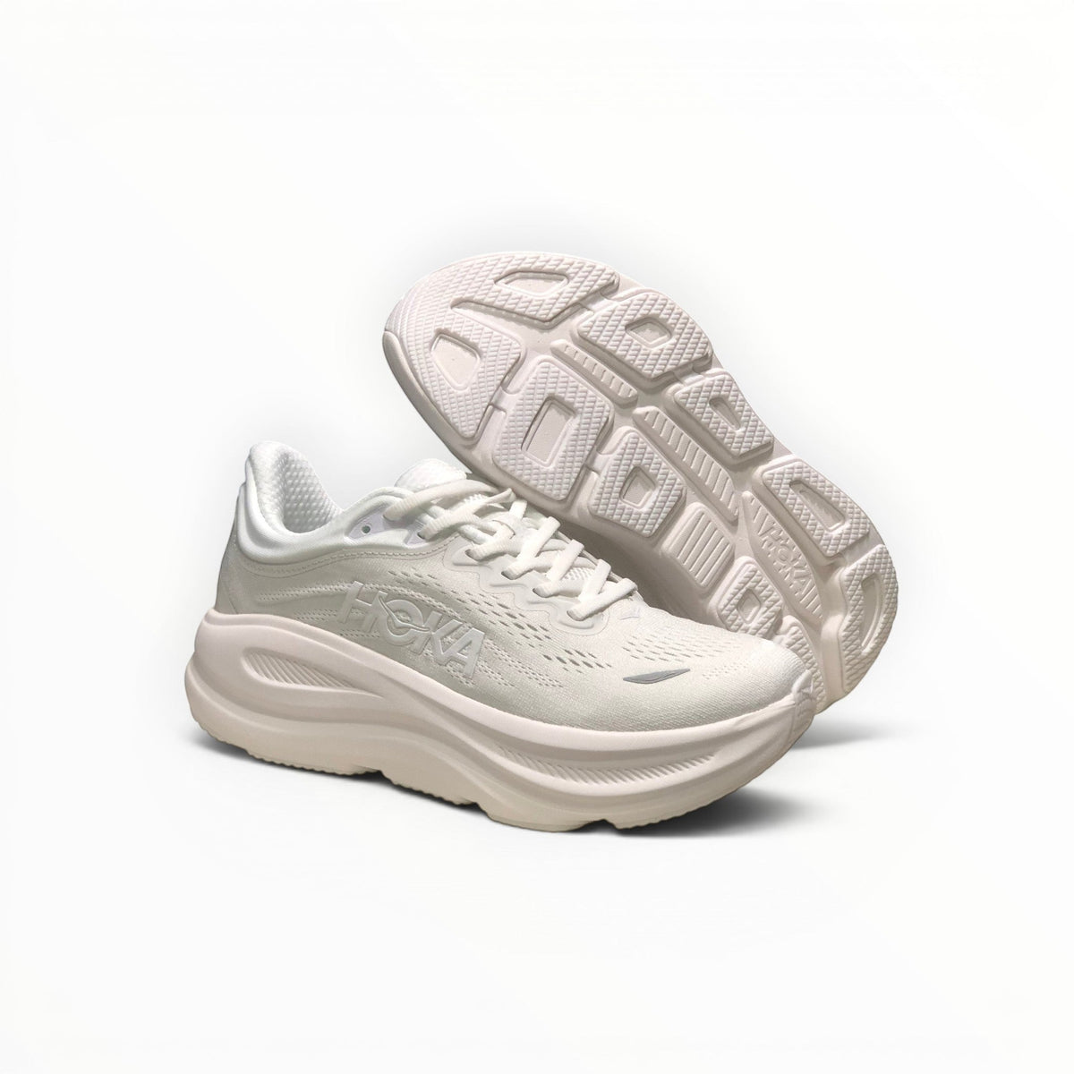 Hoka Bondi 9 women's running shoe in White/White, side view