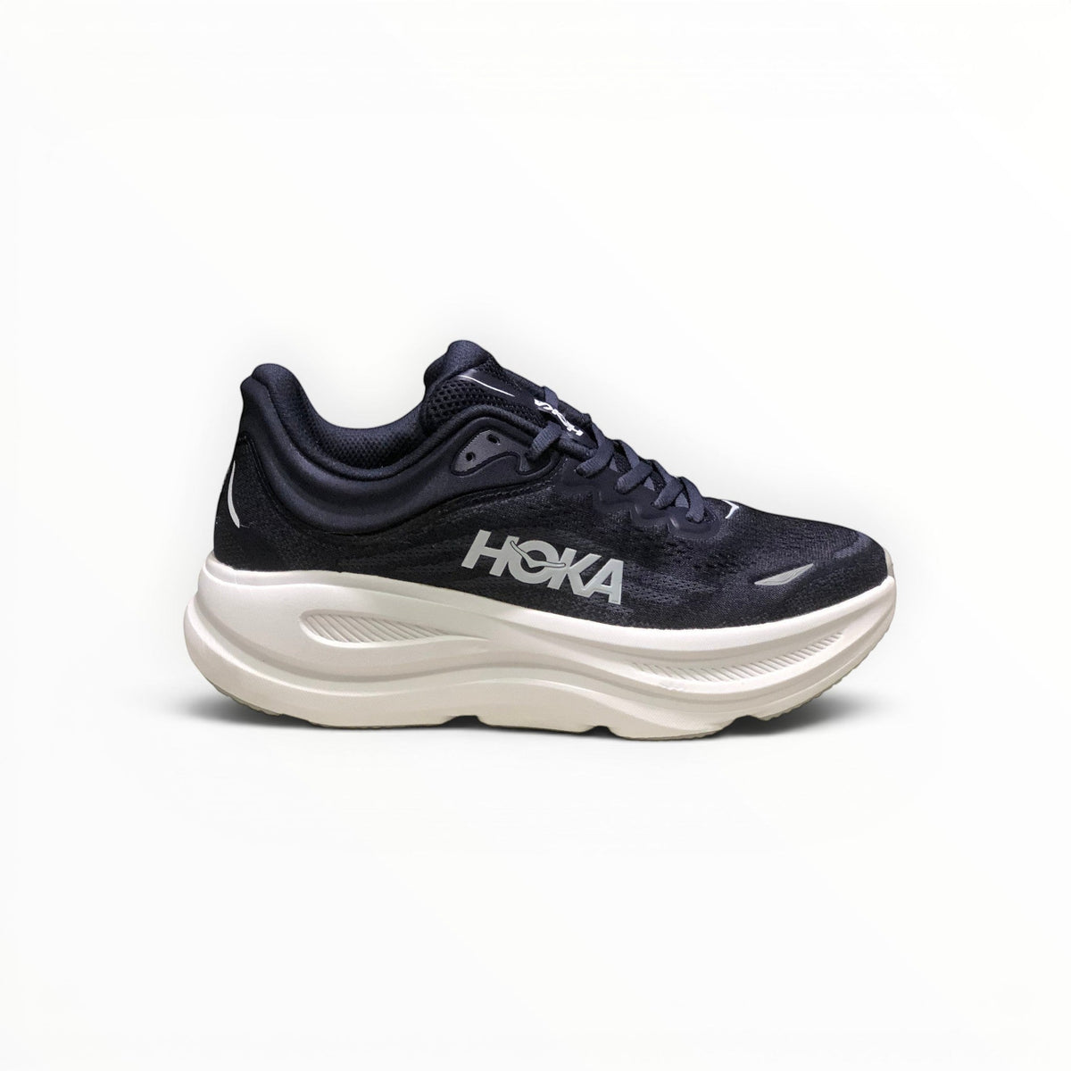 Hoka Bondi 9 men's running shoe in Midnight Blue/Varsity Navy, three-quarter view