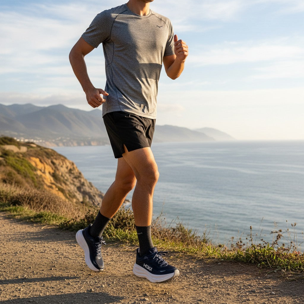 Hoka Bondi 9 men's running shoe in Midnight Blue/Varsity Navy, on-foot view