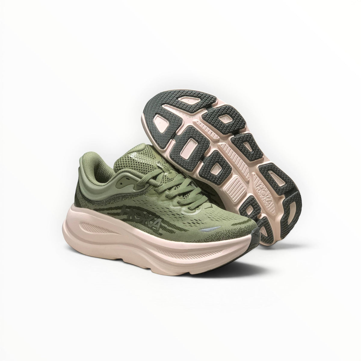Hoka Bondi 9 men's running shoe in Sea Moss/Eucalyptus, side view