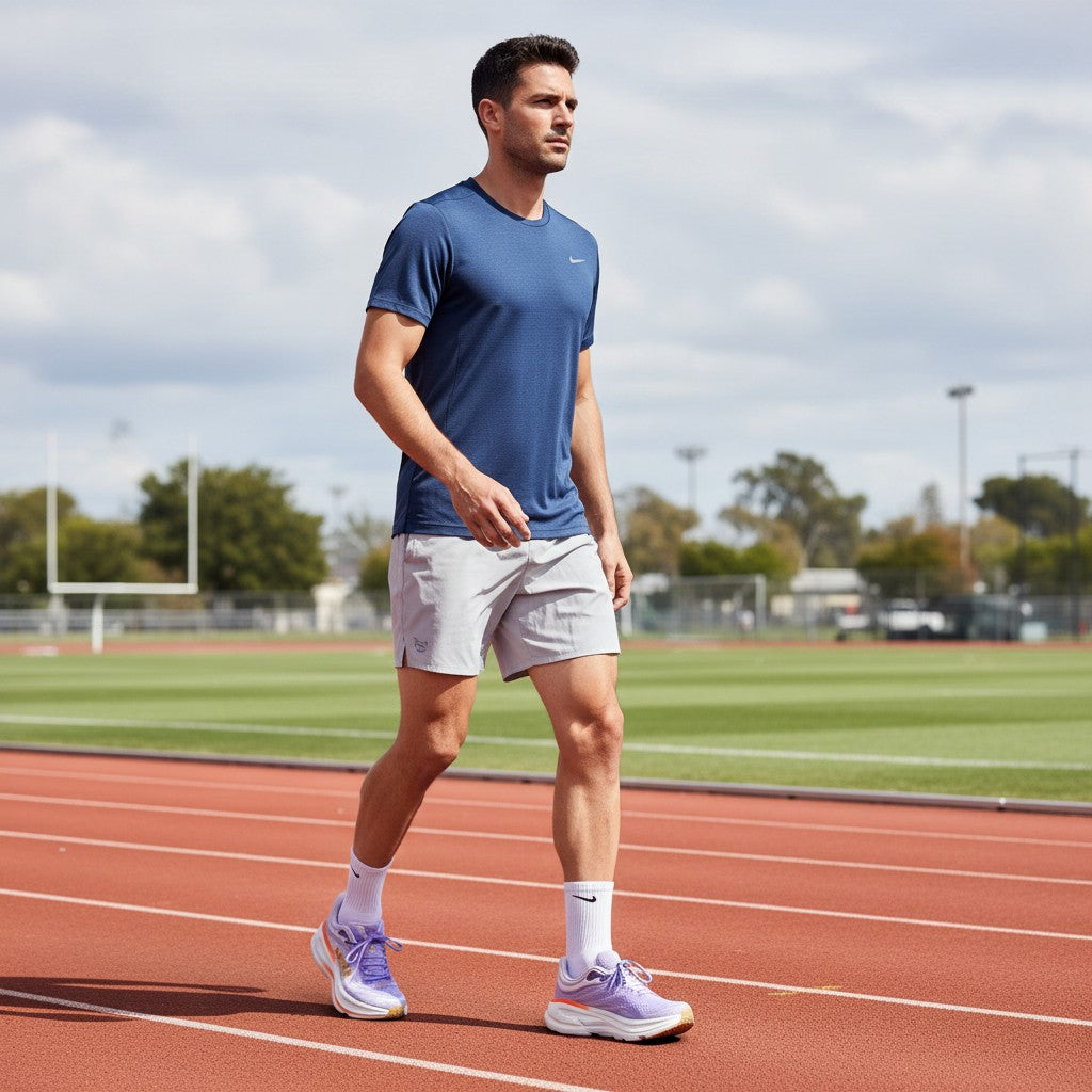 Hoka Bondi 9 men's running shoe in Aster Flower/Starlight Glow, on-foot view