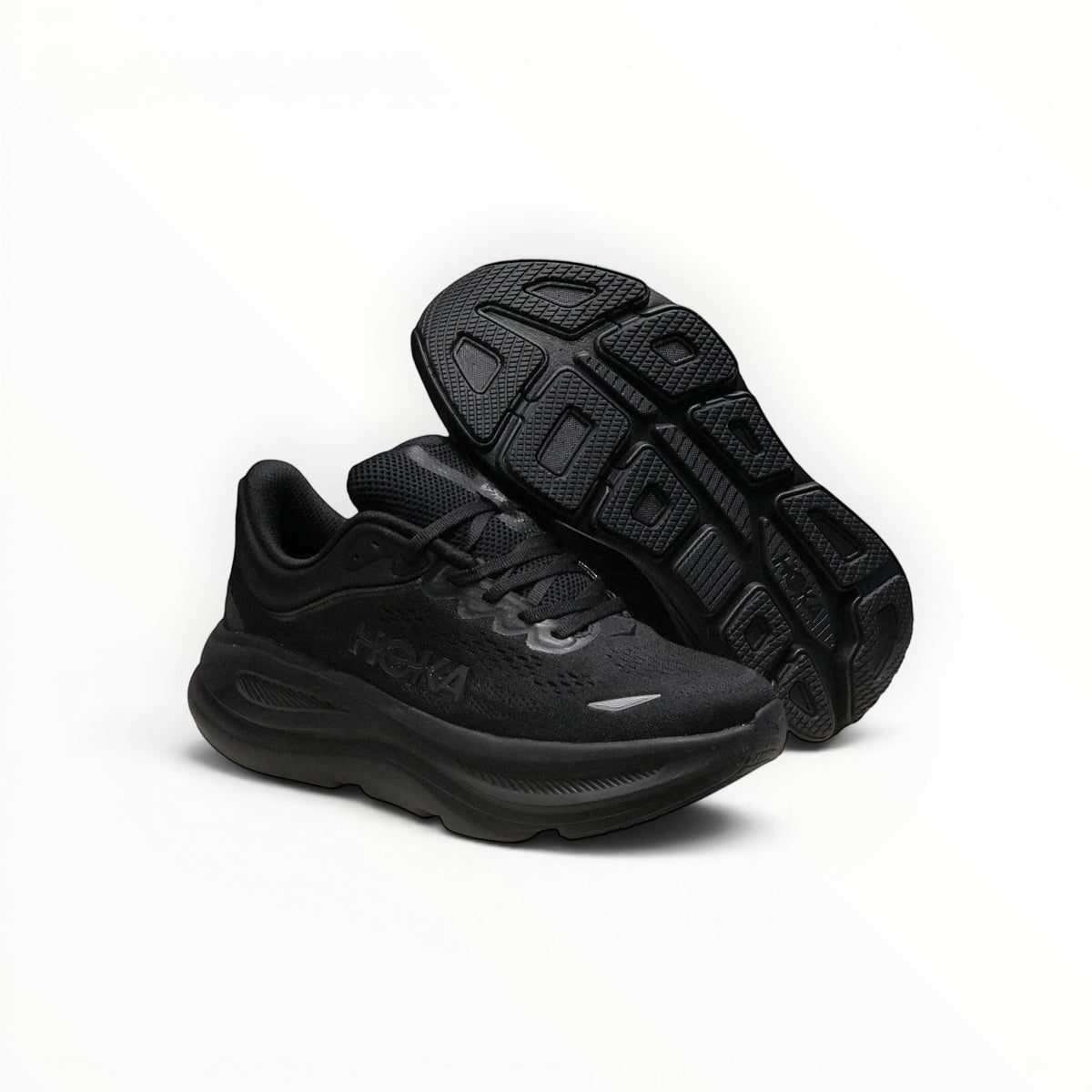 Hoka Bondi 9 men's running shoe in Black/Black, side view