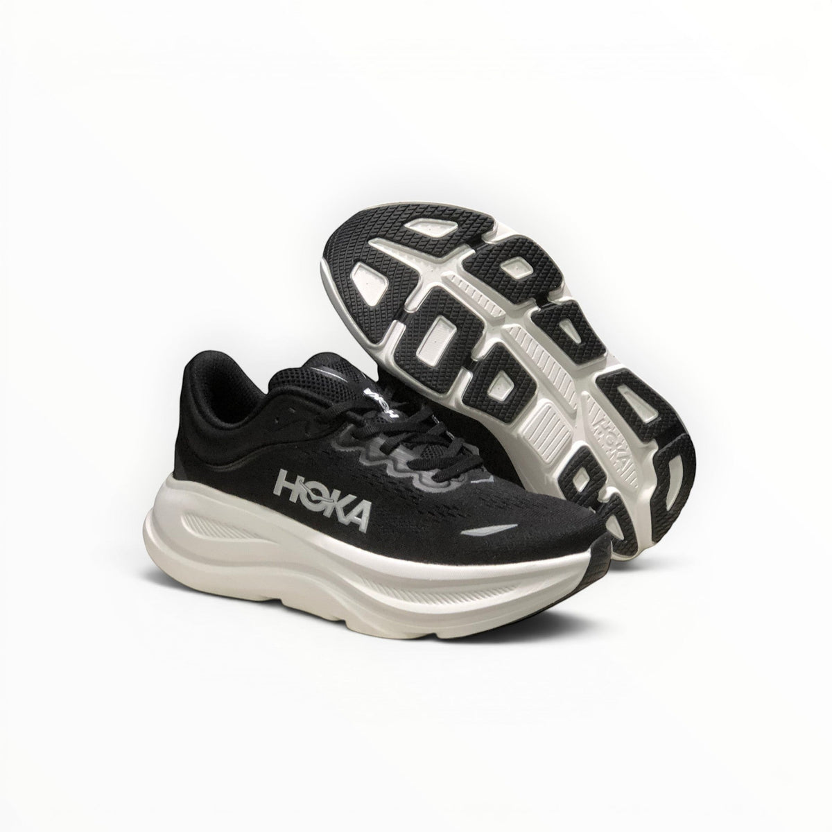 Hoka Bondi 9 men's running shoe in Black/White, side view