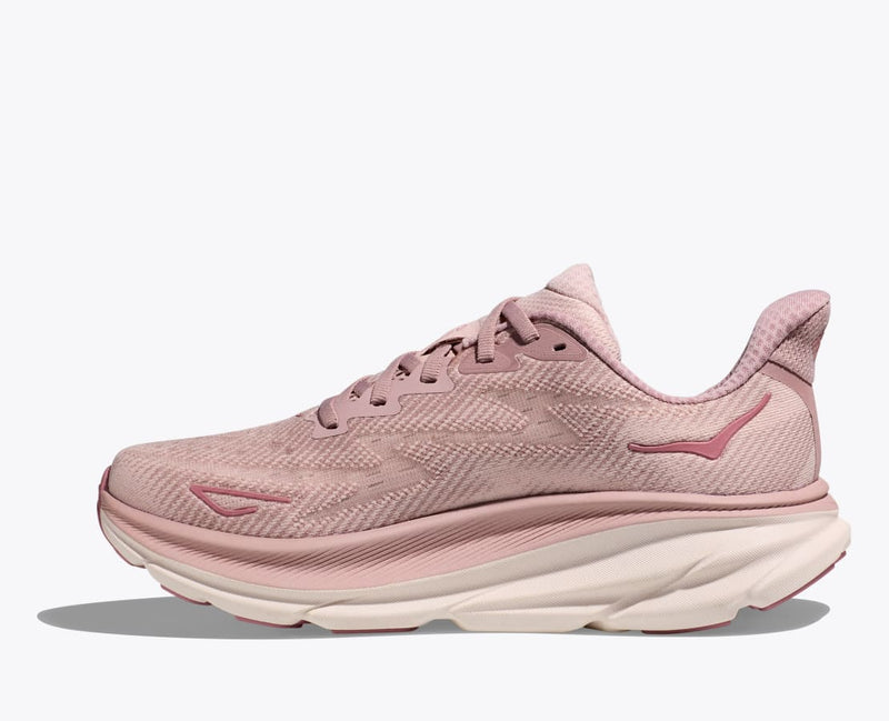 HOKA Clifton 9 women's running shoes in Pale Mauve/Peach Whip – side profile