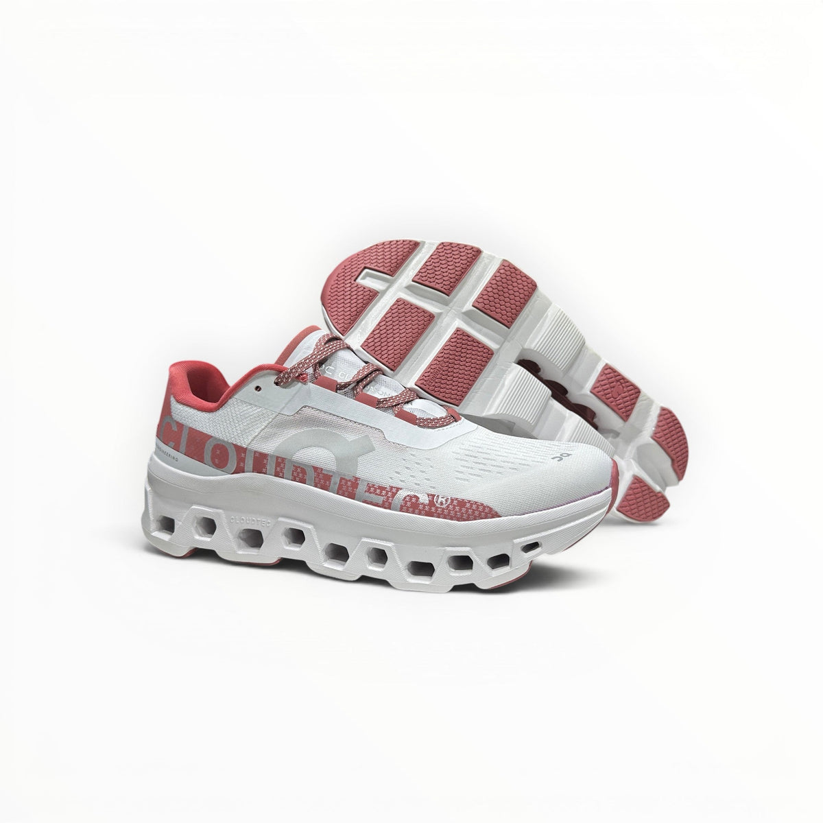 On Cloudmonster men's shoe in White/Flame - product view 4
