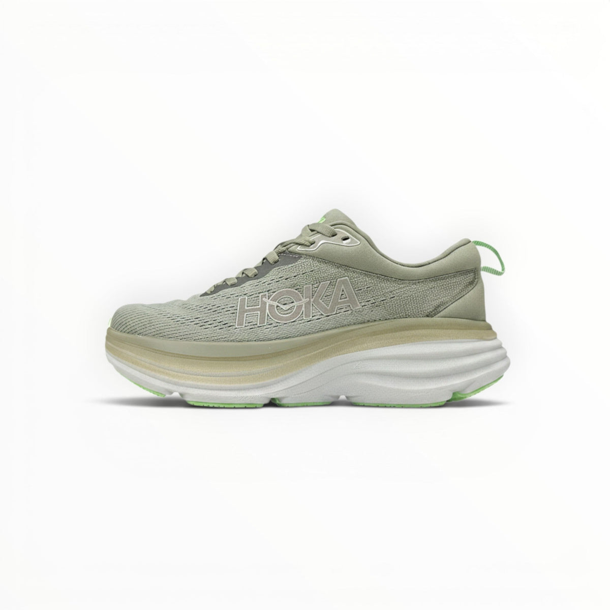 Hoka Bondi 8 women's running shoe in Olive Haze/Mercury, side profile