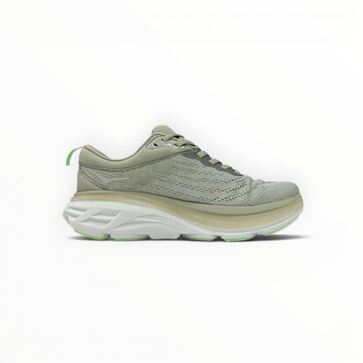 Hoka Bondi 8 women's running shoe in Olive Haze/Mercury, pair view