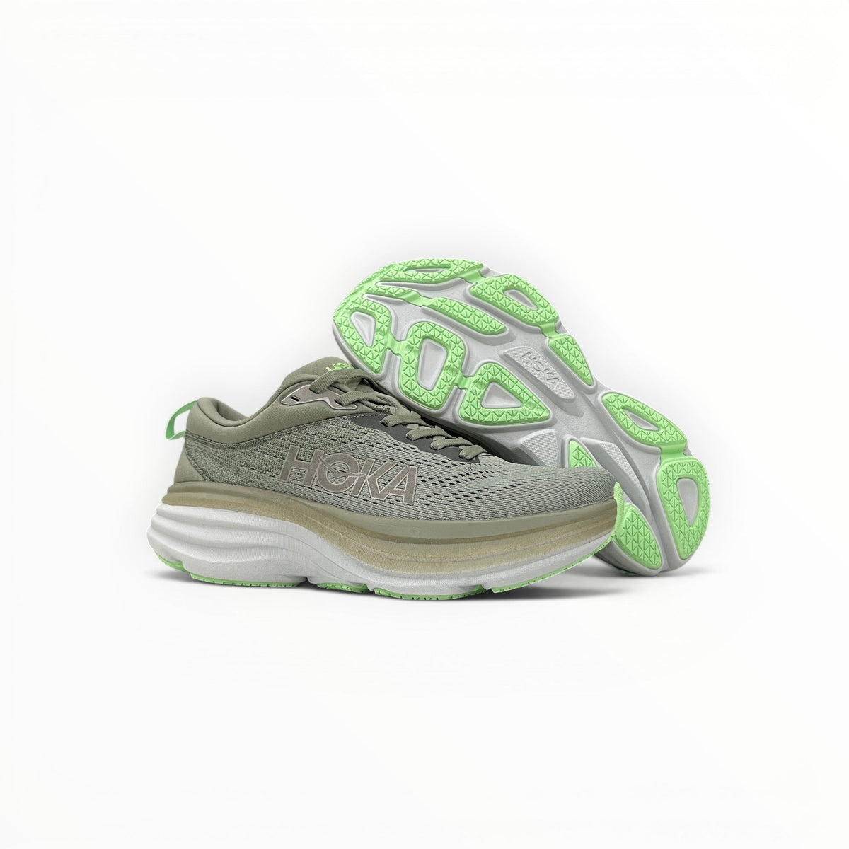 Hoka Bondi 8 women's running shoe in Olive Haze/Mercury, three-quarter view