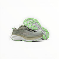 Hoka Bondi 8 women's running shoe in Olive Haze/Mercury, three-quarter view