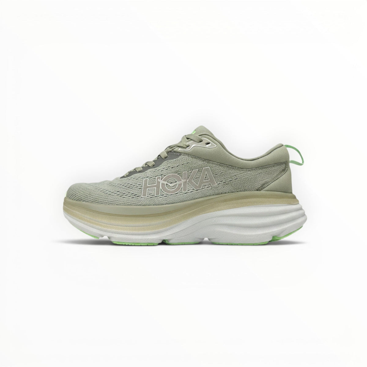 Hoka Bondi 8 women's running shoe in Olive Haze/Mercury, outsole view