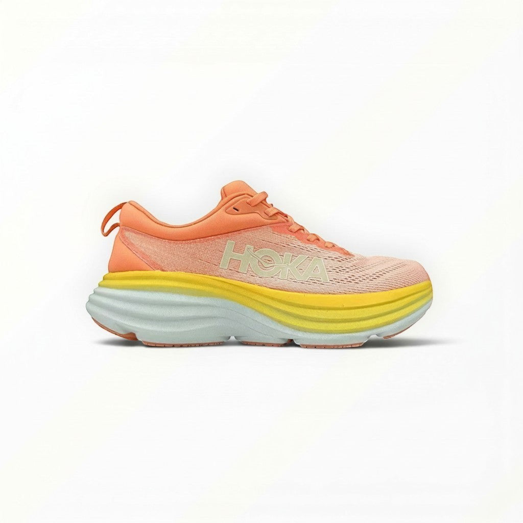 Hoka Bondi 8 women's running shoe in Shell Coral/Peach Parfait, outsole view