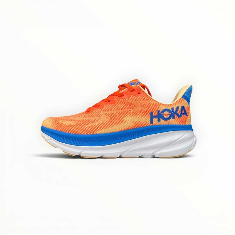 HOKA Clifton 9 men's running shoes in Vibrant Orange/Impala – side profile