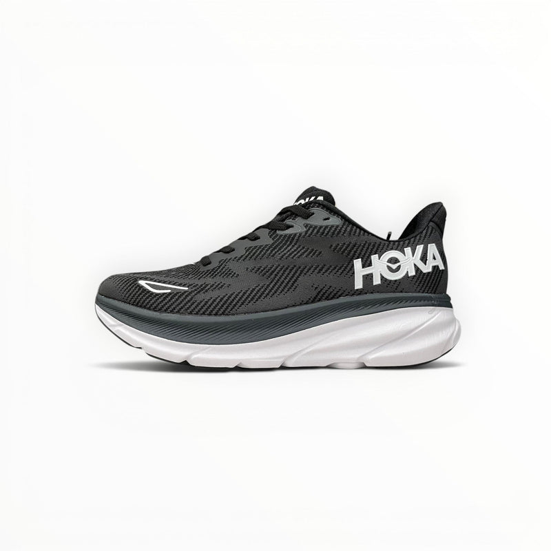 Hoka Clifton 9 men's running shoes in Black/White – side profile