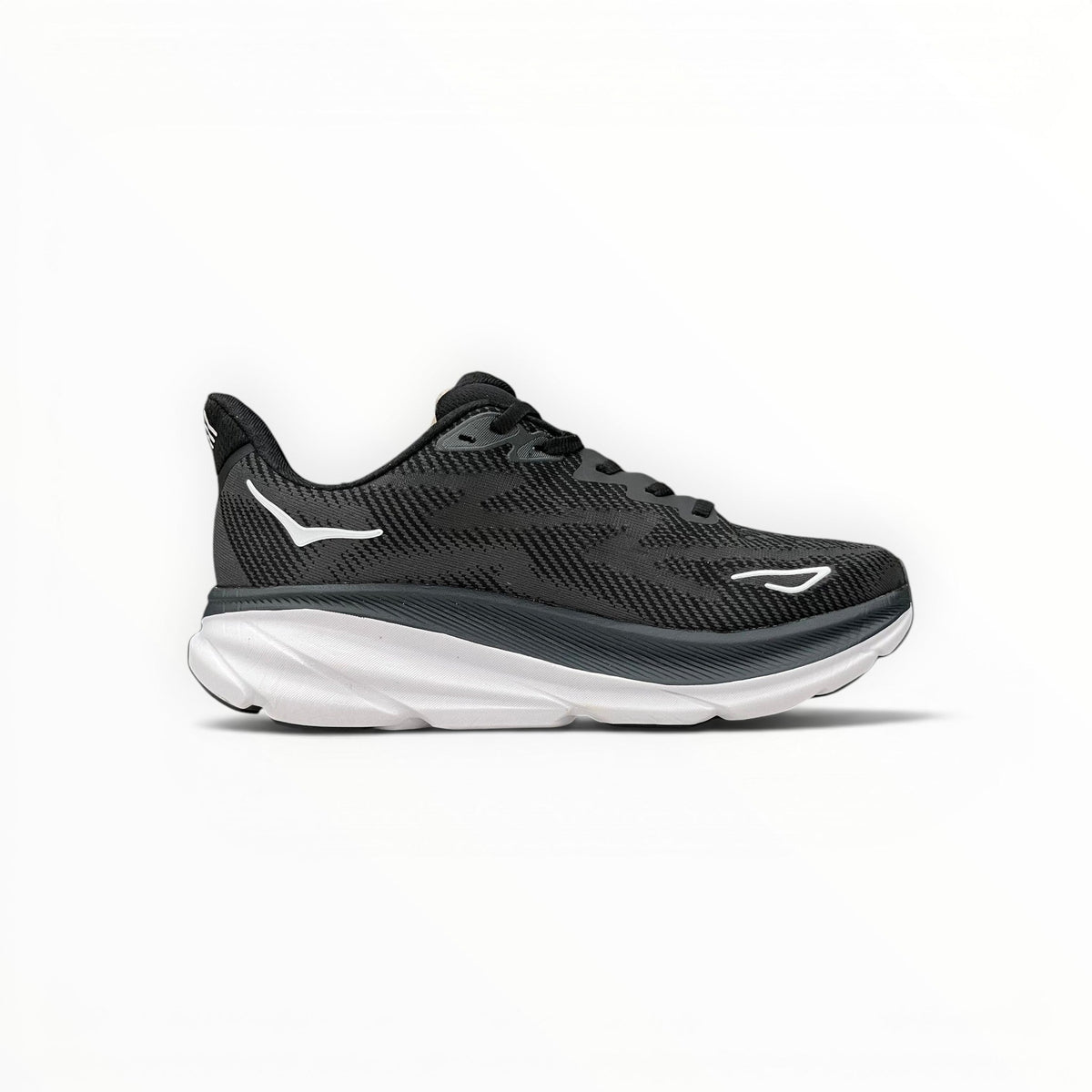 Hoka Clifton 9 men's running shoes in Black/White – product view 2