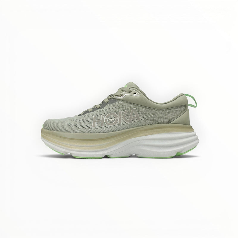 Hoka Bondi 8 men's running shoe in Olive Haze/Mercury, side profile