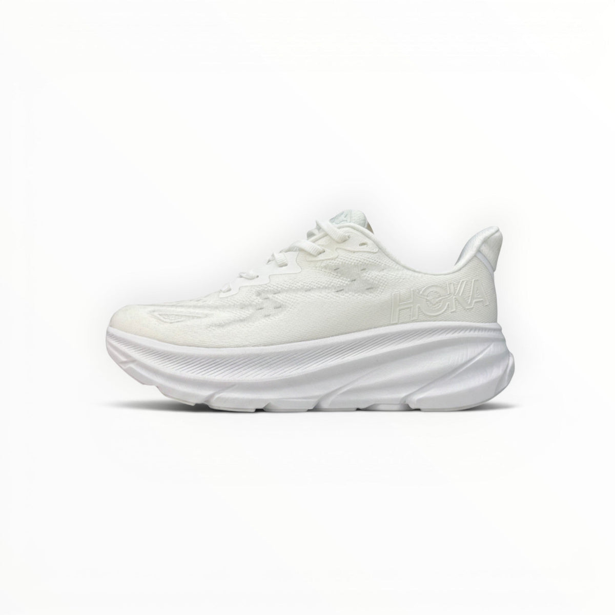 Hoka Clifton 9 women's running shoes in White/White – side profile