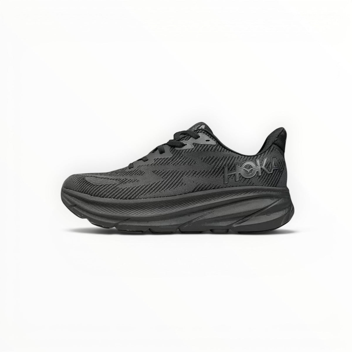 HOKA Clifton 9 men's running shoes in Black/Black – side profile