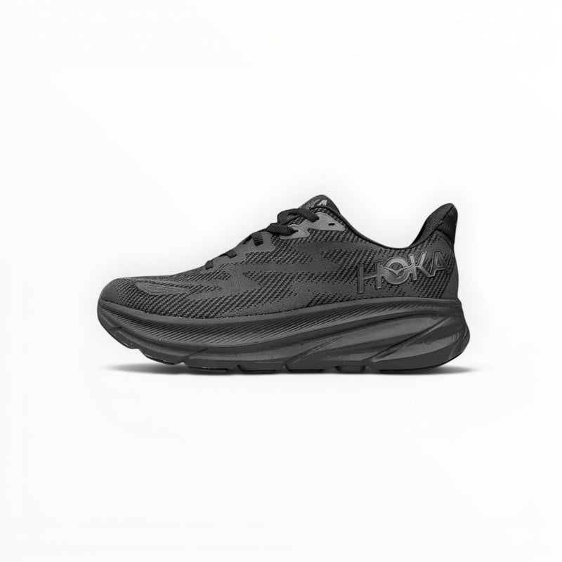 HOKA Clifton 9 men's running shoes in Black/Black – side profile