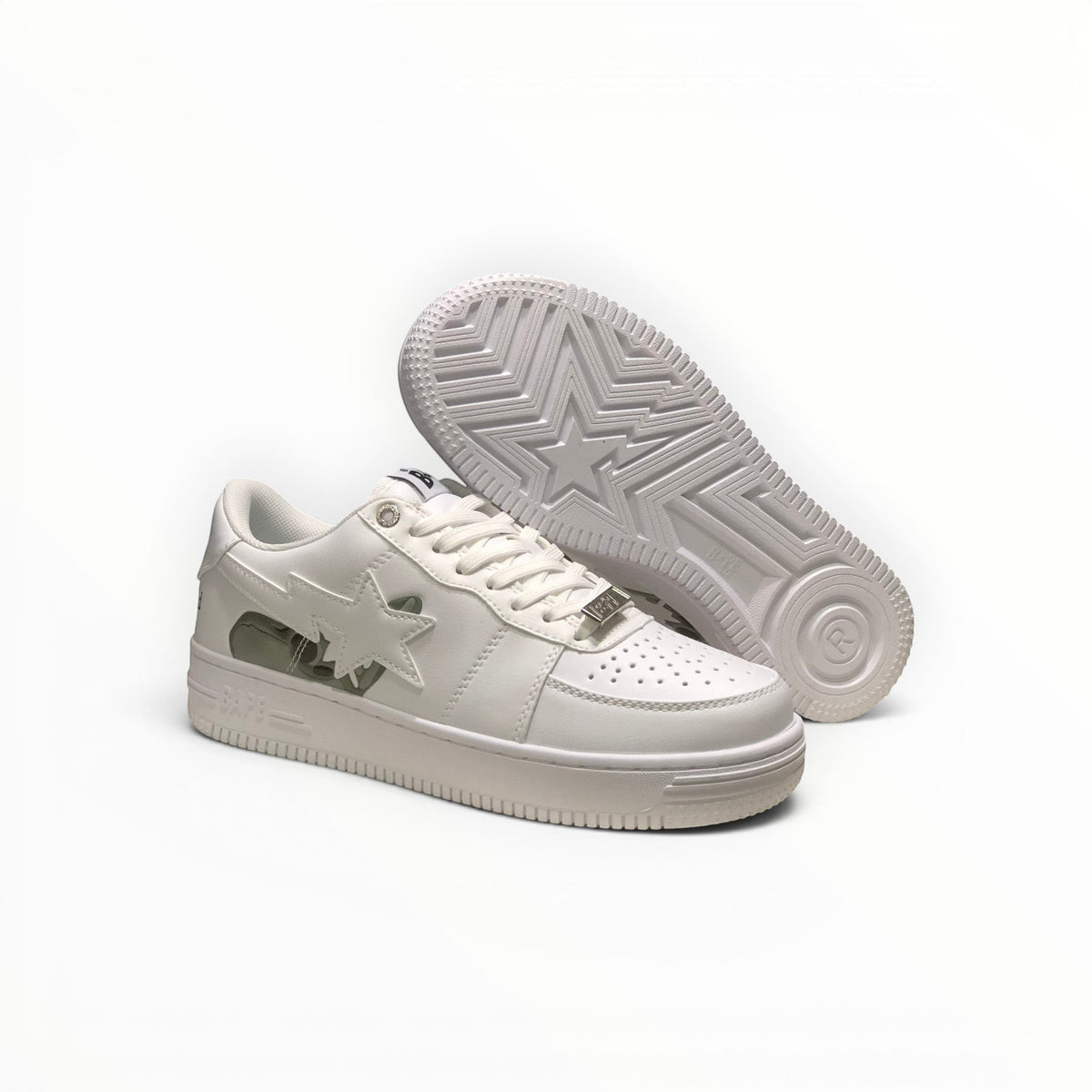 A Bathing Ape BAPE STA men's low-top sneakers in Triple White, outsole view