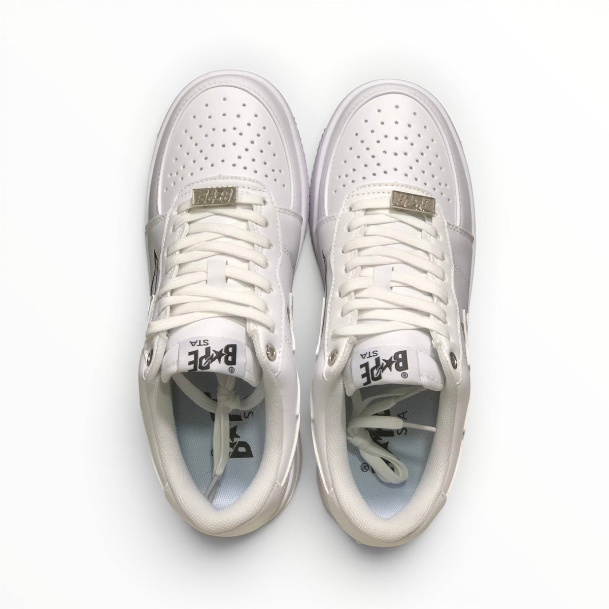 A Bathing Ape BAPE STA men's low-top sneakers in Triple White, top-down view