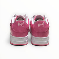 A Bathing Ape BAPE STA men's low-top sneakers in Pink/White, rear heel view