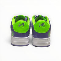 A Bathing Ape BAPE STA men's low-top sneakers in Green/Purple, rear heel view
