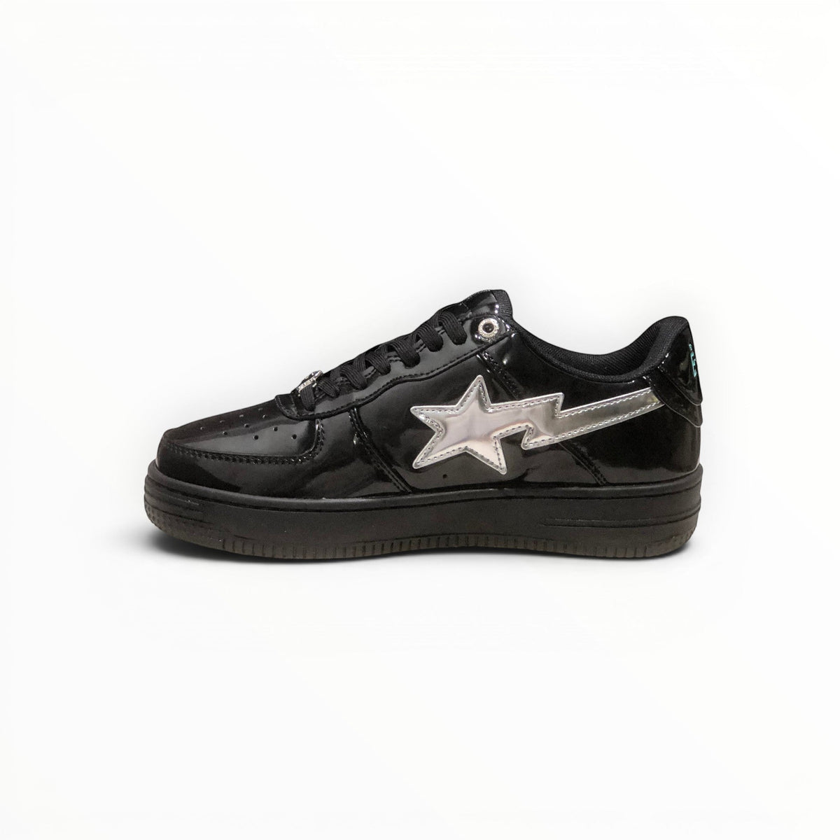 A Bathing Ape BAPE STA men's low-top sneakers in Black Patent/Silver, product view 2