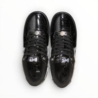 A Bathing Ape BAPE STA men's low-top sneakers in Black Patent/Silver, top-down view