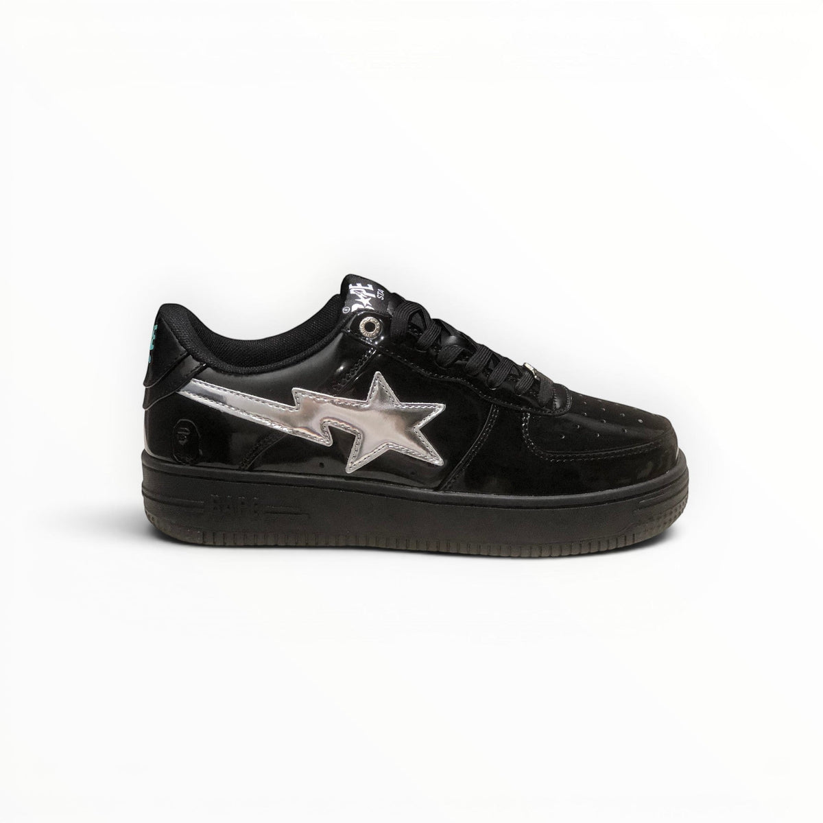 A Bathing Ape BAPE STA men's low-top sneakers in Black Patent/Silver, side view